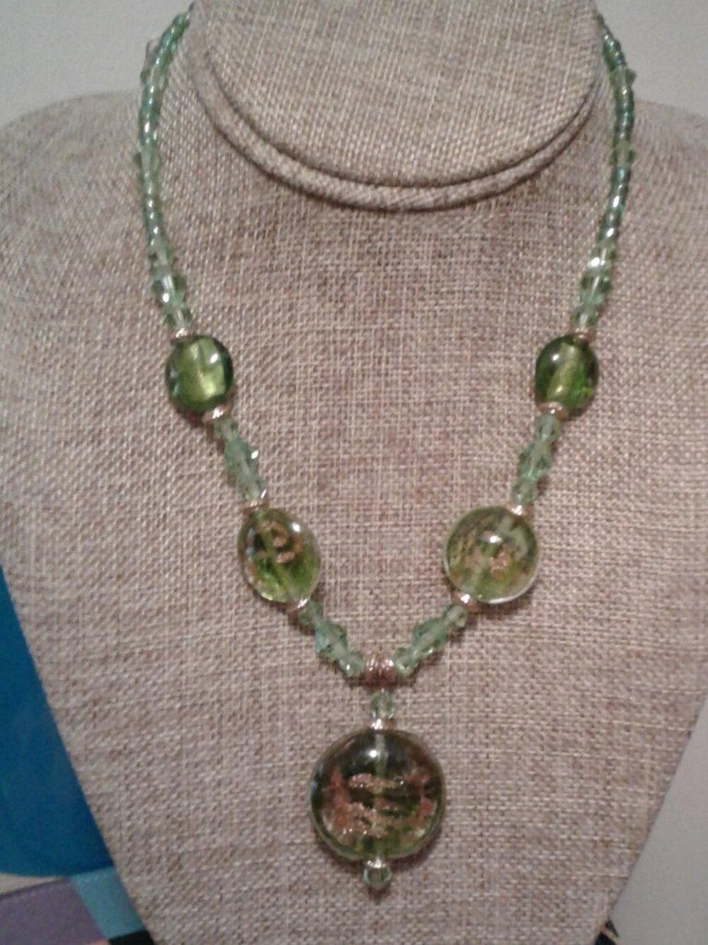 You and I Green/Gold Dichroic Glass Beaded Choker Necklace w/Focal 20" Long